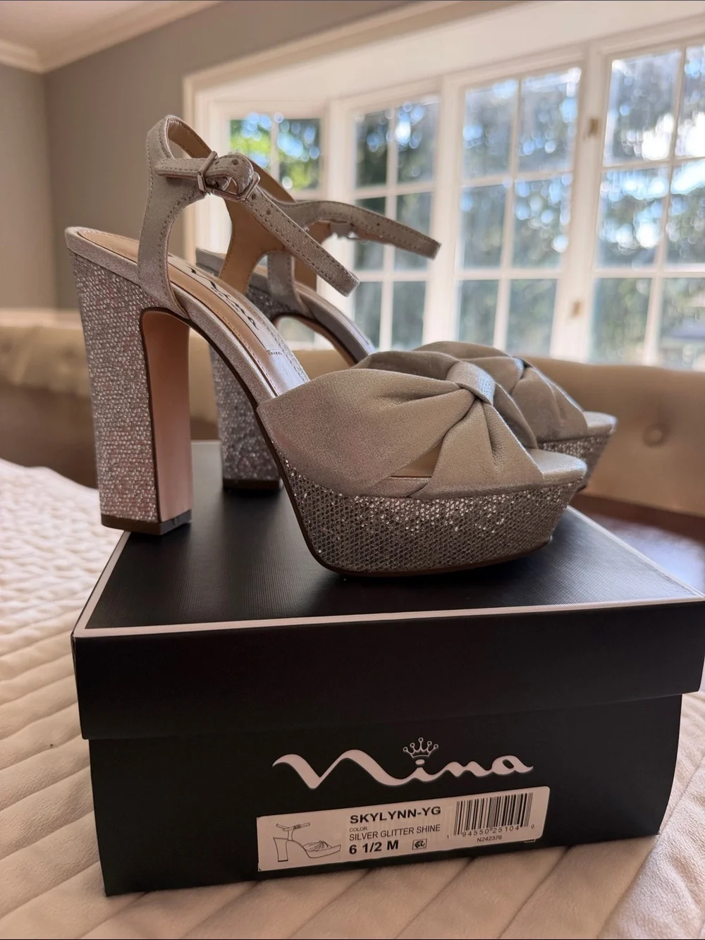 Nina Silver Glitter Knot-Front Platform Sandals with Ankle Strap